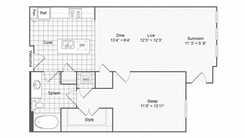 Floor plan for 1 bed, 1 bath, 798 sqft